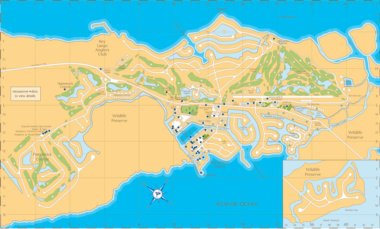 Detailed illustrated map of Ocean Reef Club community showing golf courses, marina, airport, and all facilities